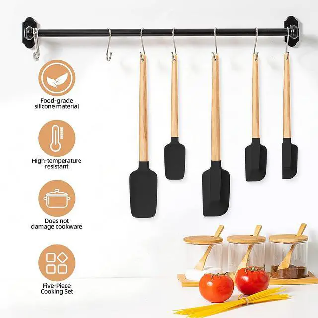 Alt view image 2 of 7 - Wooden Handle Silicone Rubber Spatula Set 5 Piece for Kitchen Baking, Jars,Cooking, and Mixing High Heat Resistant Non Stick Dishwasher Safe BPA-Free (Black)