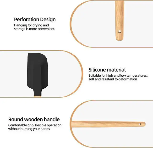 Alt view image 5 of 7 - Wooden Handle Silicone Rubber Spatula Set 5 Piece for Kitchen Baking, Jars,Cooking, and Mixing High Heat Resistant Non Stick Dishwasher Safe BPA-Free (Black)