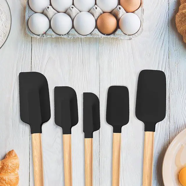 Alt view image 4 of 7 - Wooden Handle Silicone Rubber Spatula Set 5 Piece for Kitchen Baking, Jars,Cooking, and Mixing High Heat Resistant Non Stick Dishwasher Safe BPA-Free (Black)