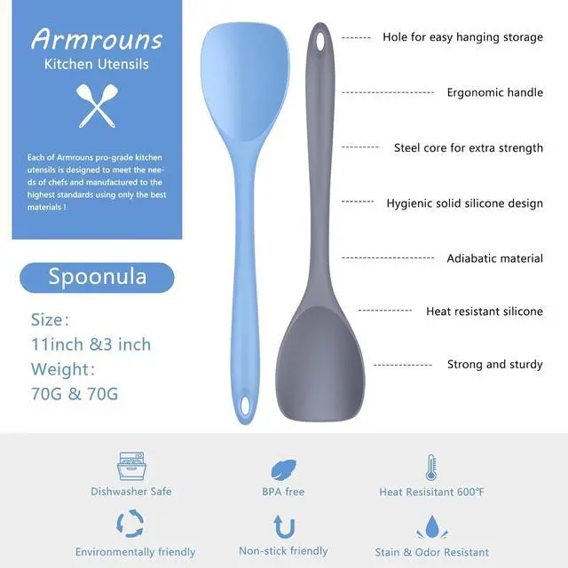 Alt view image 6 of 6 - Silicone Spatula Spoon 2-Pack, Rubber Spoonula set Heat Resistant, Cooking Spoon spatula turner Seamless Non-Stick Scrapers for Baking Mixing.