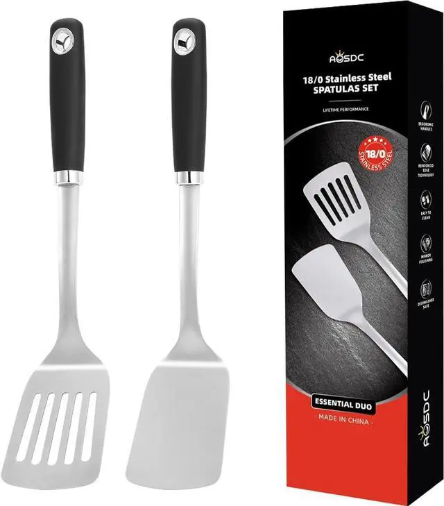 Main image of 2 Pcs Stainless Steel Spatulas Set,14.9 Silver Slotted Turner, Solid Turner, Kitchen Cooking Utensils Set, High Heat Resistant, Grilling Frying Serving Food, Easy to Clean