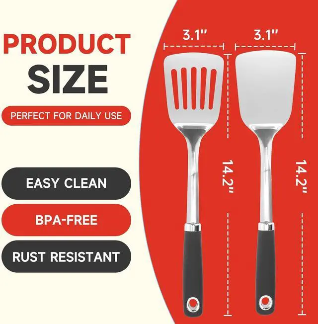 Alt view image 2 of 7 - 2 Pcs Stainless Steel Spatulas Set,14.9 Silver Slotted Turner, Solid Turner, Kitchen Cooking Utensils Set, High Heat Resistant, Grilling Frying Serving Food, Easy to Clean