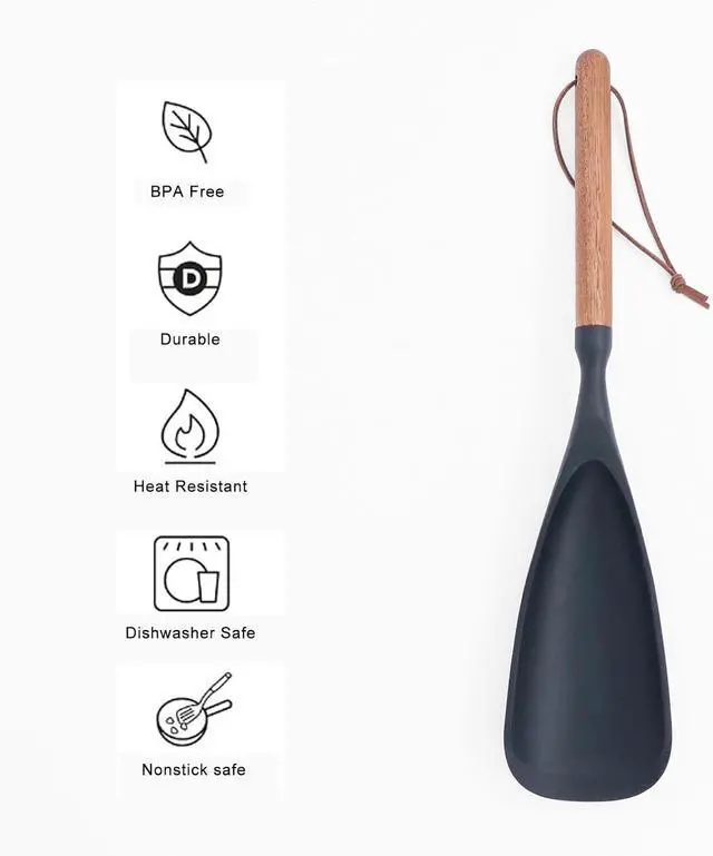 Alt view image 2 of 5 - Cooking Spoon for Nonstick Cookwares, Multifunction Spatula Spoon, Great for Both Cooking and Serving, Durable BPA-Free Matte Black Silicone, Wood Handle Spoon, Safe for Nonstick Cooking Surfaces