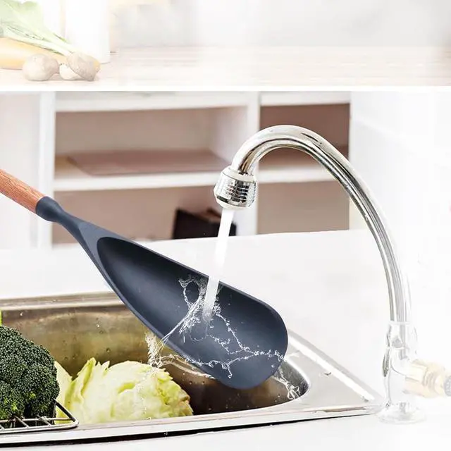 Alt view image 5 of 5 - Cooking Spoon for Nonstick Cookwares, Multifunction Spatula Spoon, Great for Both Cooking and Serving, Durable BPA-Free Matte Black Silicone, Wood Handle Spoon, Safe for Nonstick Cooking Surfaces