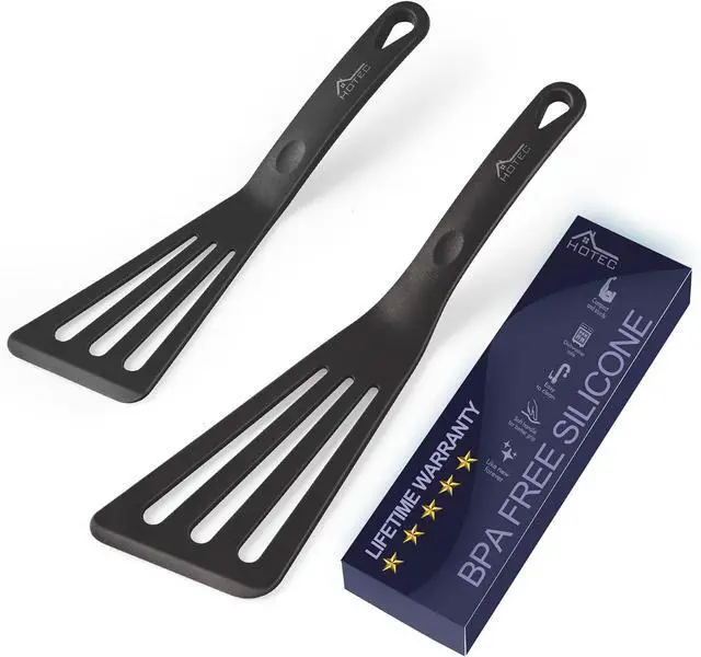 Main image of HOTEC 600 Heat Resistant Silicone Slotted Fish Turner Spatula Set, BPA Free Flipper Cooking Spatulas, for Non Stick Cookware Dishwasher Safe, Black