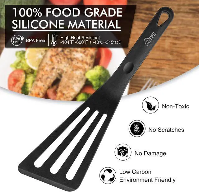 Alt view image 3 of 7 - HOTEC 600 Heat Resistant Silicone Slotted Fish Turner Spatula Set, BPA Free Flipper Cooking Spatulas, for Non Stick Cookware Dishwasher Safe, Black