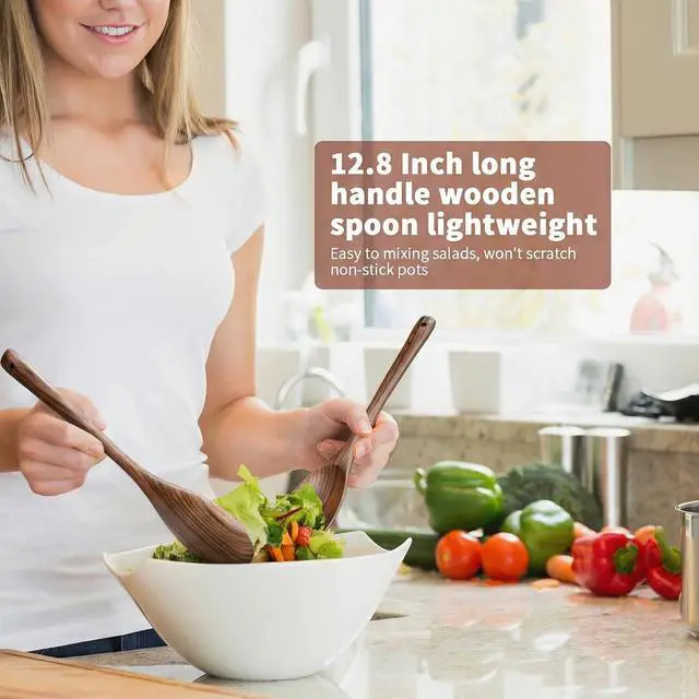 Alt view image 2 of 6 - 12 Inch Wooden Cooking Spoons, Long Handle Wooden Spoons, Heat Resistant, Large Wood Spoon for Cooking Serving Mixing Salads and Nonstick Cookware (2 PCS)