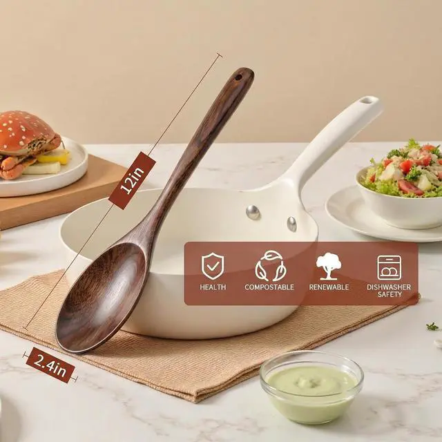 Alt view image 5 of 6 - 12 Inch Wooden Cooking Spoons, Long Handle Wooden Spoons, Heat Resistant, Large Wood Spoon for Cooking Serving Mixing Salads and Nonstick Cookware (2 PCS)