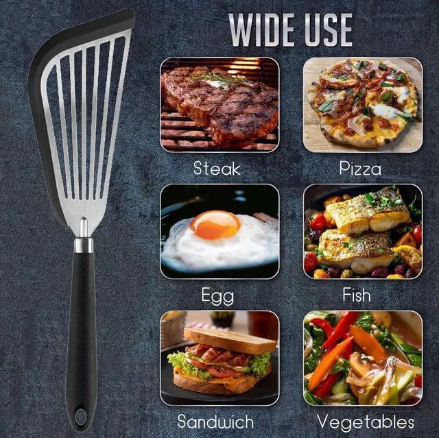 Alt view image 7 of 7 - Stainless-Steel Slotted Flex Fish Turner, Set of 2, Kitchen Spatulas for Nonstick Cookware, Cooking Utensils for Flipping Eggs & Pancakes, Heat-Resistant, BPA Free, Dishwasher Safe, Black
