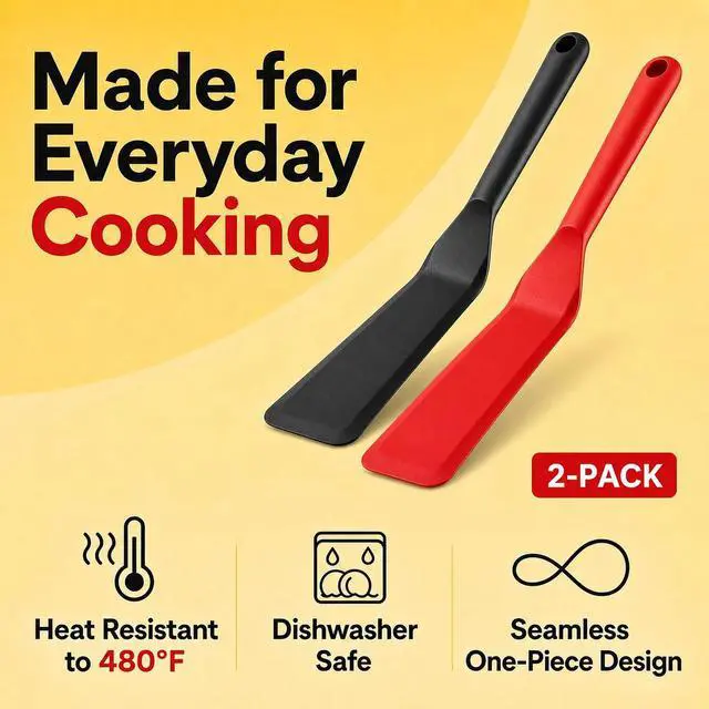 Alt view image 7 of 7 - Eggssentials Pack of 2, Egg Spatula - Non-Stick, High Heat Resistant Kitchen Tools for Panckes, Eggs, Baking, Cooking, and Mixing - Red & Black