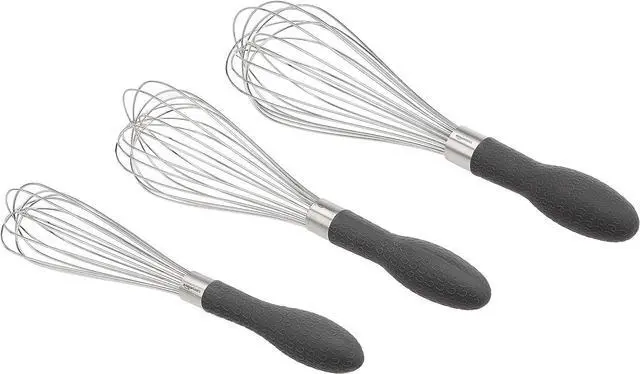 Main image of Amazon Basics Stainless Steel Wire Whisk Set for Cooking, Different Sizes, Easy to Hold Ergonomic Handle, 3 Piece, Black/Silver