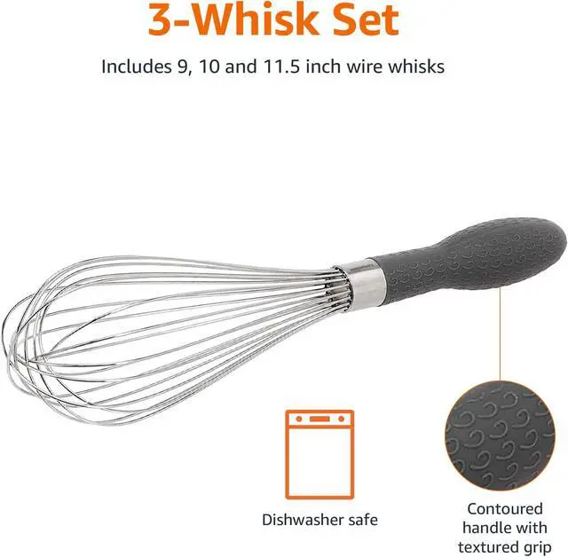 Alt view image 5 of 6 - Amazon Basics Stainless Steel Wire Whisk Set for Cooking, Different Sizes, Easy to Hold Ergonomic Handle, 3 Piece, Black/Silver