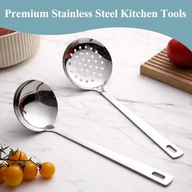 Alt view image 6 of 7 - Berglander Slotted Spoons and Kitchen Ladle Spoon Set 2 Pcs, Stainless Steel Kitchen Spider Strainer Skimmer Soup Ladle for Straining Pasta/Cooking/Frying, Serving Soup/Gravy, Metal Kitchen Utensils