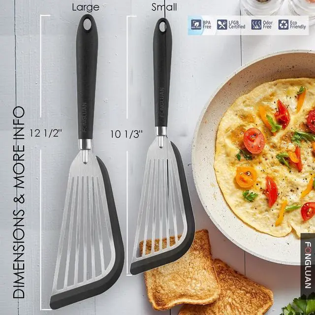 Alt view image 2 of 7 - Stainless-Steel Slotted Flex Fish Turner, Set of 2, Kitchen Spatulas for Nonstick Cookware, Cooking Utensils for Flipping Eggs & Pancakes, Heat-Resistant, BPA Free, Dishwasher Safe, Black