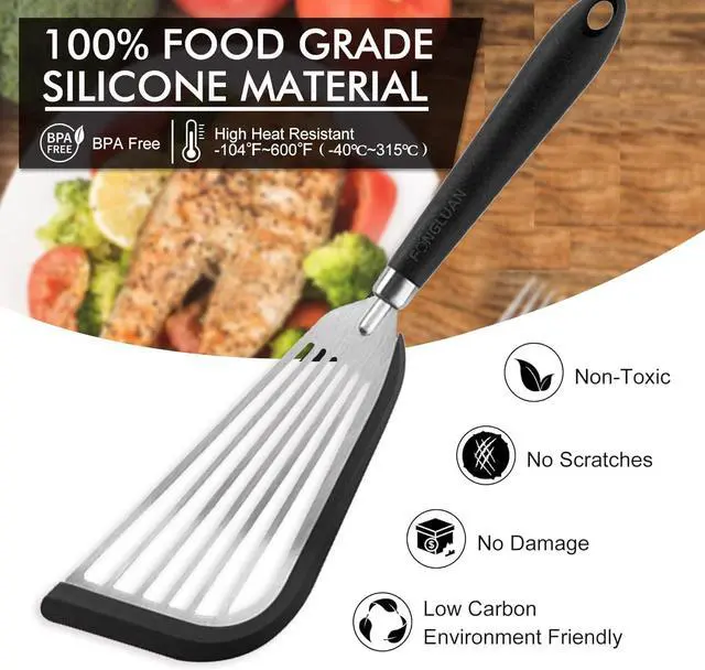 Alt view image 4 of 7 - Stainless-Steel Slotted Flex Fish Turner, Set of 2, Kitchen Spatulas for Nonstick Cookware, Cooking Utensils for Flipping Eggs & Pancakes, Heat-Resistant, BPA Free, Dishwasher Safe, Black