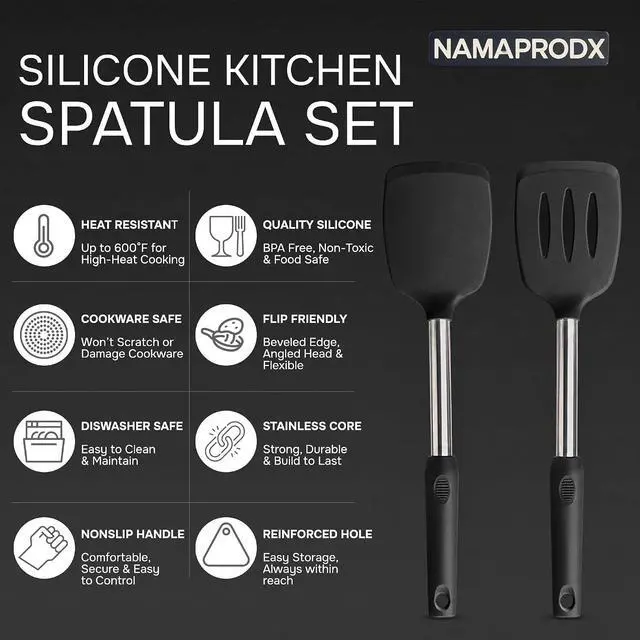 Alt view image 2 of 7 - Silicone Spatula Set (2-Pc) - 600°F Heat Resistant, BPA-Free, Non-Scratch, Dishwasher Safe I Slotted & Solid Kitchen Spatula Turner I Ideal for Eggs, Pancakes, Fish I Stainless Steel I Black