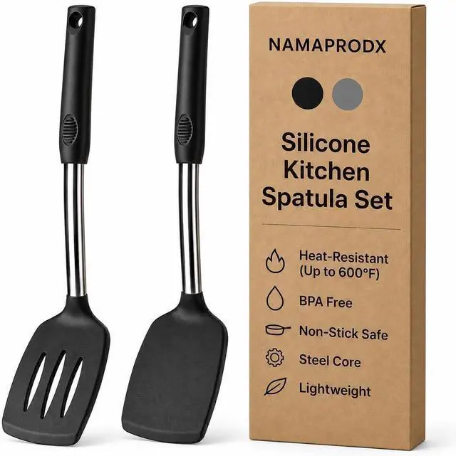 Main image of Silicone Spatula Set (2-Pc) - 600°F Heat Resistant, BPA-Free, Non-Scratch, Dishwasher Safe I Slotted & Solid Kitchen Spatula Turner I Ideal for Eggs, Pancakes, Fish I Stainless Steel I Black