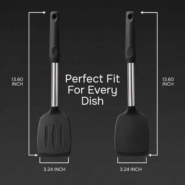 Alt view image 3 of 7 - Silicone Spatula Set (2-Pc) - 600°F Heat Resistant, BPA-Free, Non-Scratch, Dishwasher Safe I Slotted & Solid Kitchen Spatula Turner I Ideal for Eggs, Pancakes, Fish I Stainless Steel I Black