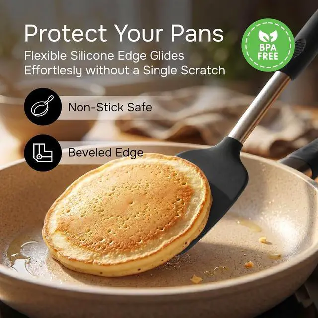 Alt view image 4 of 7 - Silicone Spatula Set (2-Pc) - 600°F Heat Resistant, BPA-Free, Non-Scratch, Dishwasher Safe I Slotted & Solid Kitchen Spatula Turner I Ideal for Eggs, Pancakes, Fish I Stainless Steel I Black