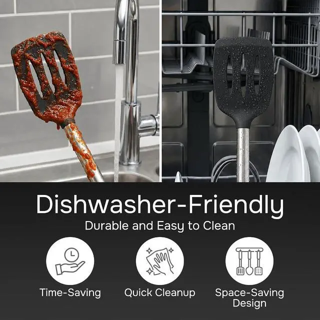 Alt view image 6 of 7 - Silicone Spatula Set (2-Pc) - 600°F Heat Resistant, BPA-Free, Non-Scratch, Dishwasher Safe I Slotted & Solid Kitchen Spatula Turner I Ideal for Eggs, Pancakes, Fish I Stainless Steel I Black