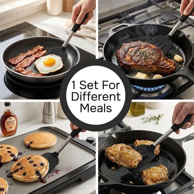 Alt view image 7 of 7 - Silicone Spatula Set (2-Pc) - 600°F Heat Resistant, BPA-Free, Non-Scratch, Dishwasher Safe I Slotted & Solid Kitchen Spatula Turner I Ideal for Eggs, Pancakes, Fish I Stainless Steel I Black