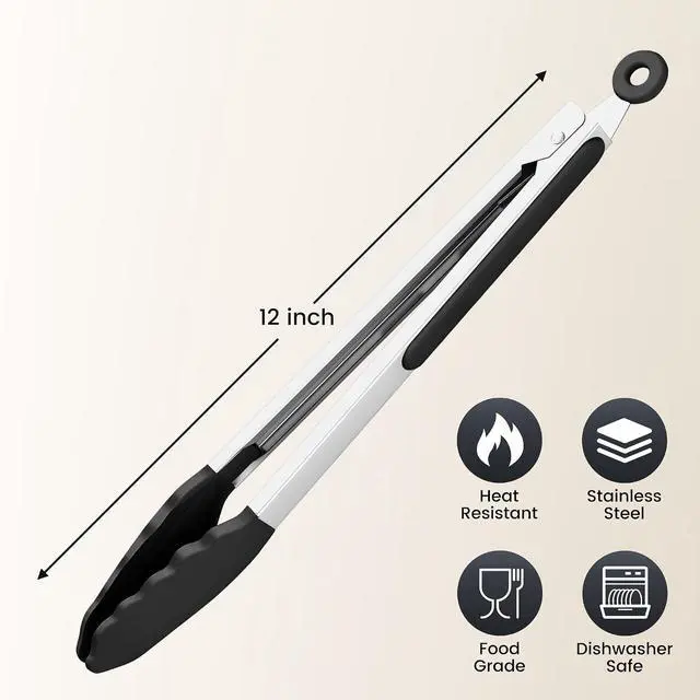 Alt view image 2 of 6 - 12-Inch Stainless Steel Kitchen Tongs with Silicone Tips, Black