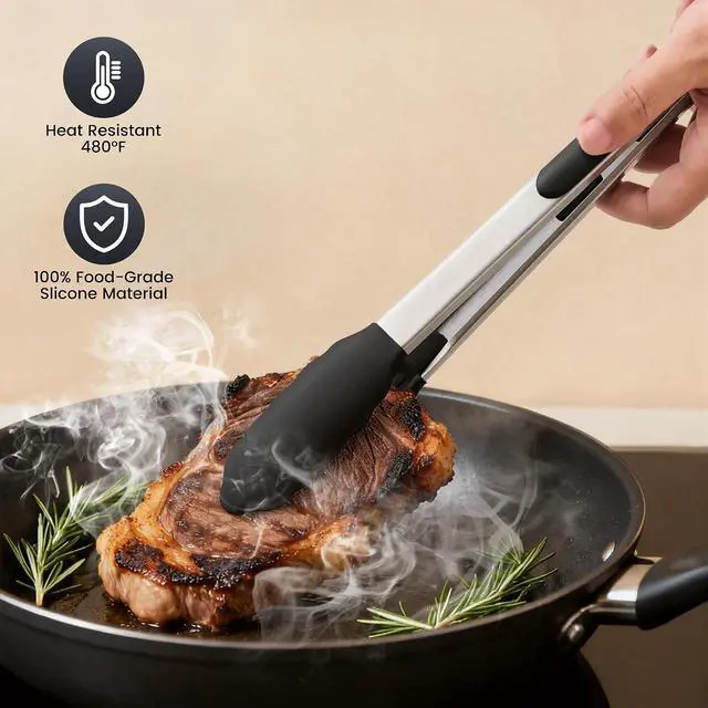 Alt view image 3 of 6 - 12-Inch Stainless Steel Kitchen Tongs with Silicone Tips, Black
