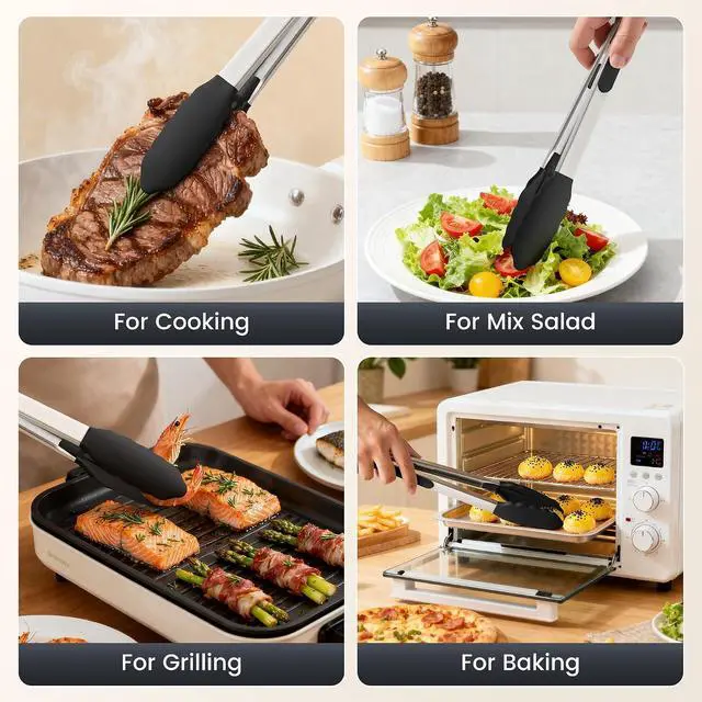 Alt view image 5 of 6 - 12-Inch Stainless Steel Kitchen Tongs with Silicone Tips, Black
