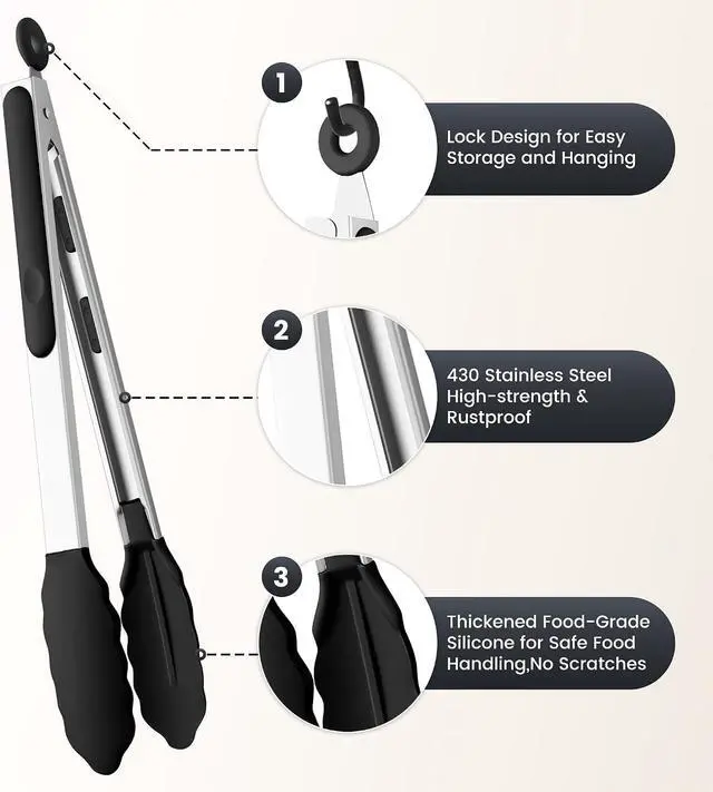 Alt view image 4 of 6 - 12-Inch Stainless Steel Kitchen Tongs with Silicone Tips, Black