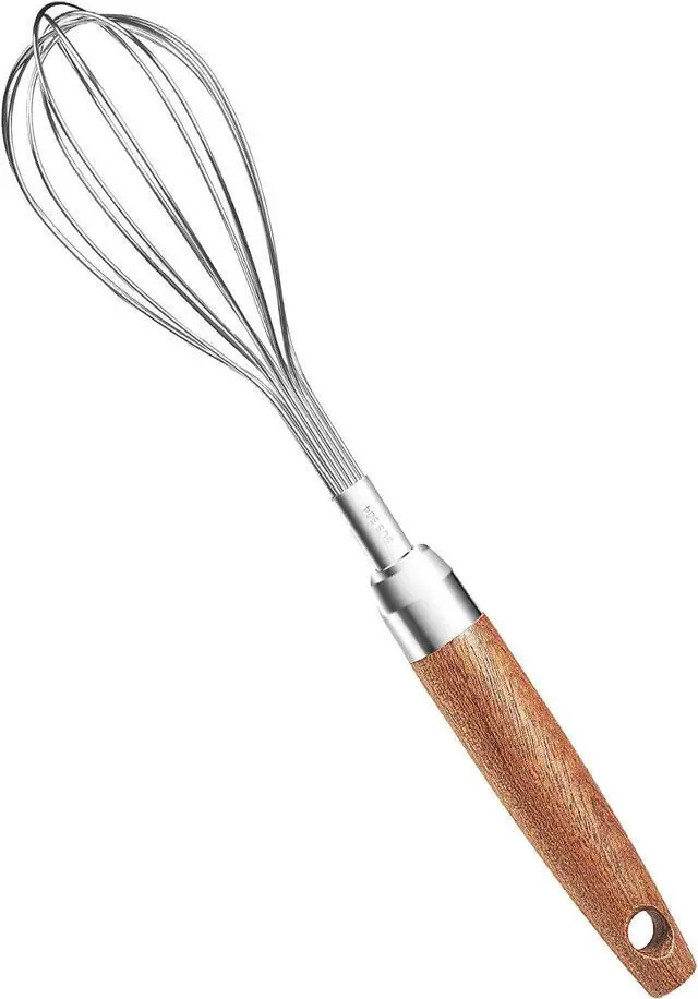 Main image of Stainless Steel Wire Whisk, Wooden Handle Kitchen Multi Function Non Stick Balloon Whisk Egg Beater for Blending Whisking, Beating, Frothing & Stirring Batters (10"L x 1.8"W)