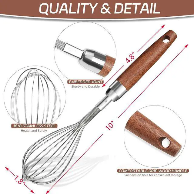 Alt view image 2 of 7 - Stainless Steel Wire Whisk, Wooden Handle Kitchen Multi Function Non Stick Balloon Whisk Egg Beater for Blending Whisking, Beating, Frothing & Stirring Batters (10"L x 1.8"W)