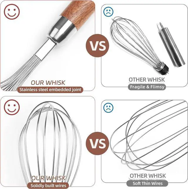 Alt view image 3 of 7 - Stainless Steel Wire Whisk, Wooden Handle Kitchen Multi Function Non Stick Balloon Whisk Egg Beater for Blending Whisking, Beating, Frothing & Stirring Batters (10"L x 1.8"W)