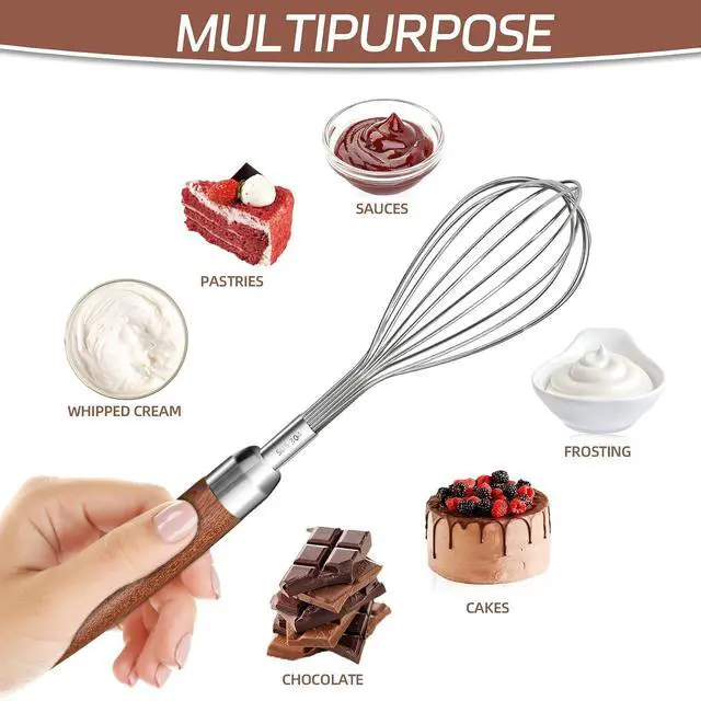 Alt view image 6 of 7 - Stainless Steel Wire Whisk, Wooden Handle Kitchen Multi Function Non Stick Balloon Whisk Egg Beater for Blending Whisking, Beating, Frothing & Stirring Batters (10"L x 1.8"W)