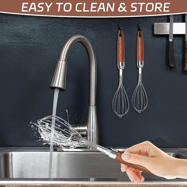 Alt view image 7 of 7 - Stainless Steel Wire Whisk, Wooden Handle Kitchen Multi Function Non Stick Balloon Whisk Egg Beater for Blending Whisking, Beating, Frothing & Stirring Batters (10"L x 1.8"W)