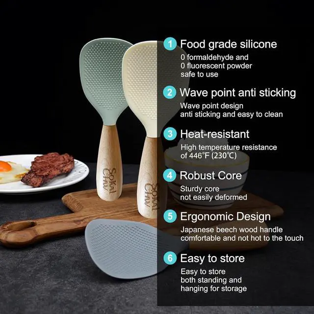 Alt view image 4 of 5 - Silicone Rice Spoon Paddle with Wooden Handle Standing