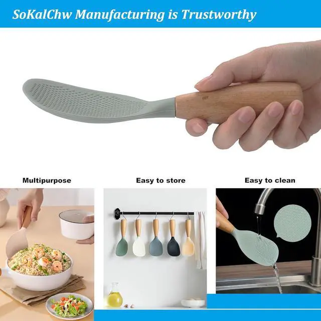 Alt view image 5 of 5 - Silicone Rice Spoon Paddle with Wooden Handle Standing