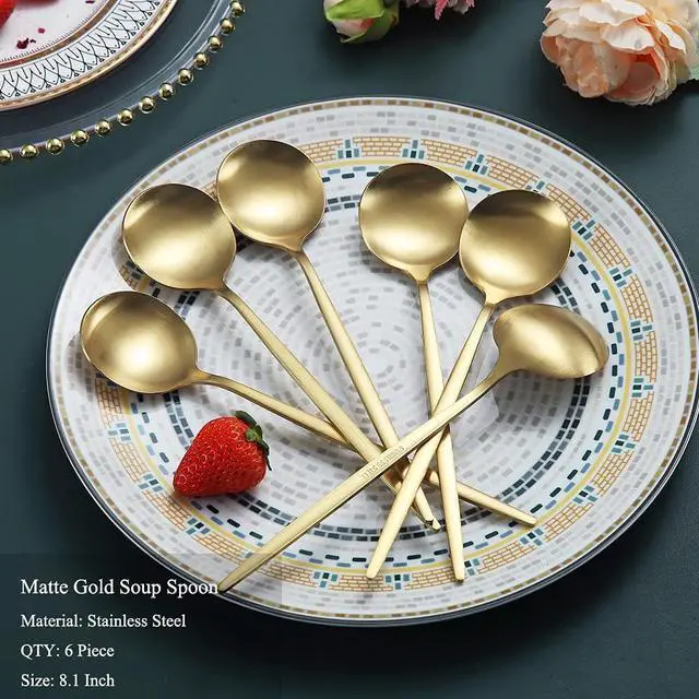 Alt view image 2 of 7 - Matt Gold 6 Piece Dinner Spoons - 8.1'' Stainless Steel Tablespoons, Soup & Dessert Spoons, Silverware for Home, Kitchen or Restaurant, Dishwasher Safe