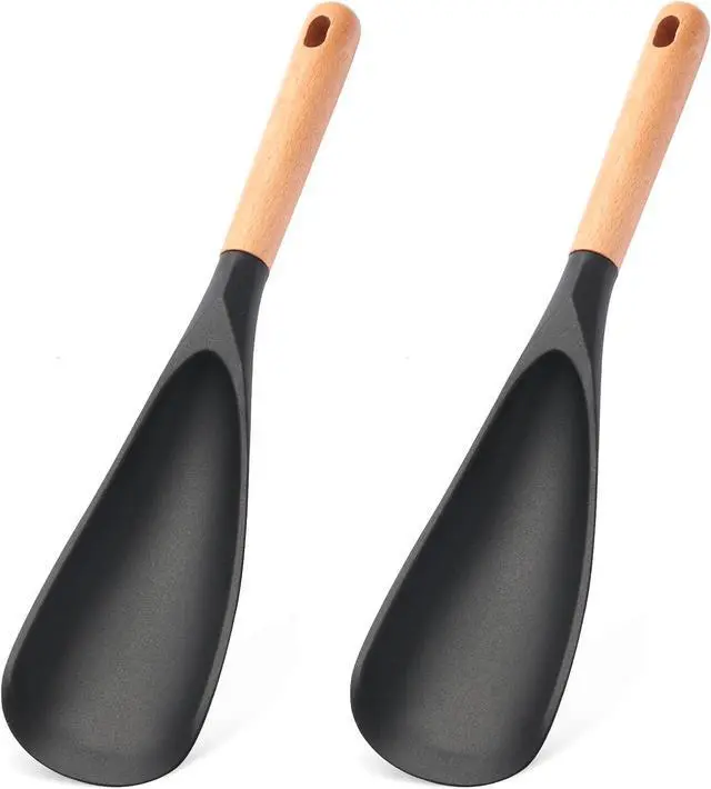 Main image of 2 Pcs Wooden Handle Silicone Cooking Spoon Set for Nonstick Cookware Cooking, Baking, Stirring BPA-Free Heat-Resistant Spatula for Mixing, Flipping, Scraping (2 Pcs Black)
