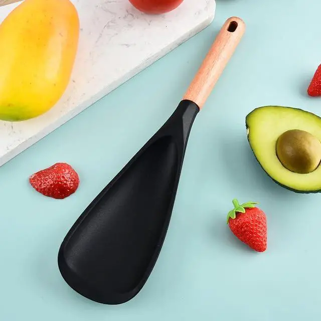 Alt view image 5 of 7 - 2 Pcs Wooden Handle Silicone Cooking Spoon Set for Nonstick Cookware Cooking, Baking, Stirring BPA-Free Heat-Resistant Spatula for Mixing, Flipping, Scraping (2 Pcs Black)