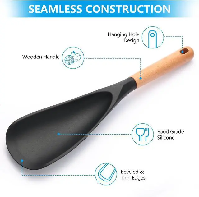 Alt view image 4 of 7 - 2 Pcs Wooden Handle Silicone Cooking Spoon Set for Nonstick Cookware Cooking, Baking, Stirring BPA-Free Heat-Resistant Spatula for Mixing, Flipping, Scraping (2 Pcs Black)