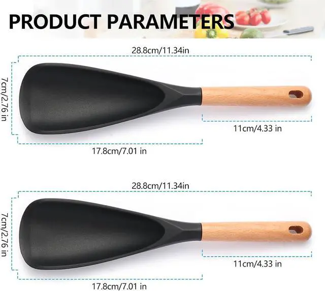 Alt view image 6 of 7 - 2 Pcs Wooden Handle Silicone Cooking Spoon Set for Nonstick Cookware Cooking, Baking, Stirring BPA-Free Heat-Resistant Spatula for Mixing, Flipping, Scraping (2 Pcs Black)