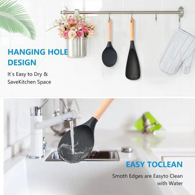 Alt view image 7 of 7 - 2 Pcs Wooden Handle Silicone Cooking Spoon Set for Nonstick Cookware Cooking, Baking, Stirring BPA-Free Heat-Resistant Spatula for Mixing, Flipping, Scraping (2 Pcs Black)
