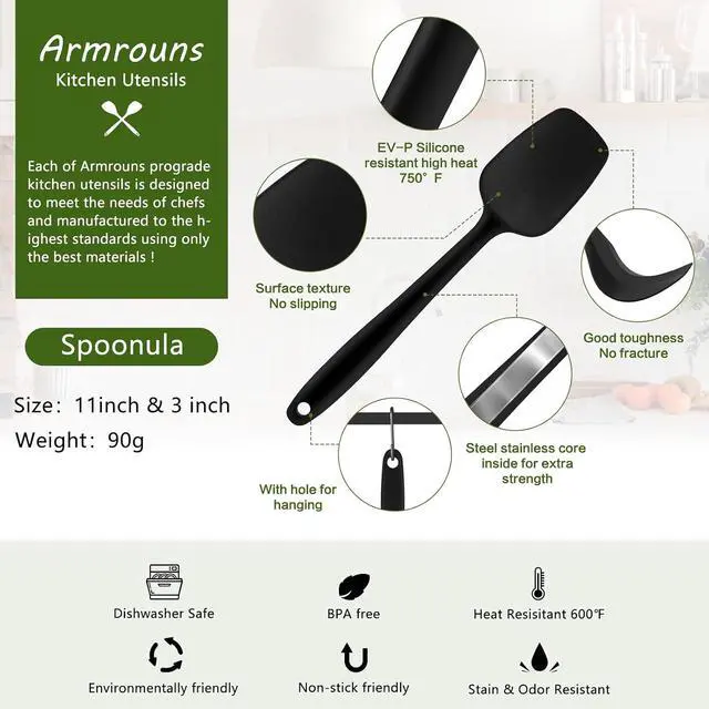 Alt view image 2 of 4 - Silicone Spatula Spoon, 11.2" Heat Resistan Rubber Spoonula, Black Non-Stick Spootula with Seamless, Flexible Scrapers for Baking Mixing Serving, Stirring. (Large 11.2)