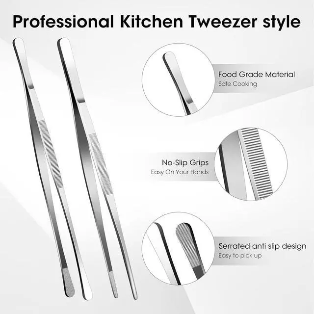 Alt view image 2 of 7 - 2 Pcs 12-inch Stainless Steel Kitchen Utensils, Cooking Tongs, Kitchen Tweezers for Cooking, Camping Cooking Essentials
