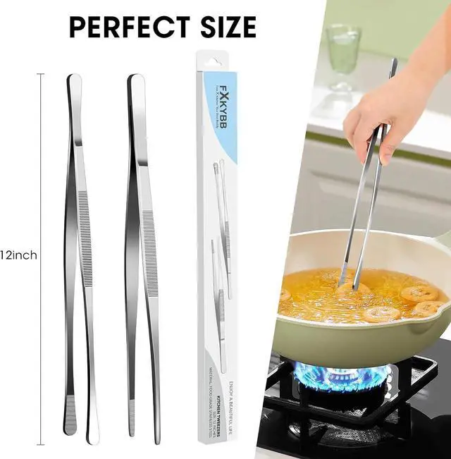 Alt view image 4 of 7 - 2 Pcs 12-inch Stainless Steel Kitchen Utensils, Cooking Tongs, Kitchen Tweezers for Cooking, Camping Cooking Essentials