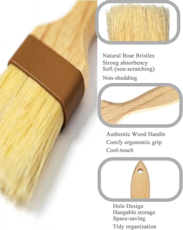Alt view image 2 of 7 - Pastry Basting Brush - Food Grade, No Shedding Natural Bristle, Heat Resistant Wooden Handle, Durable Kitchen Tool for Baking, Cooking, Butter, Egg Wash, Glazing, Oil, Sauce (1" & 1.5")