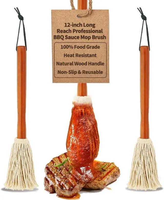 Main image of 12" BBQ Sauce Basting Mops & Brushes for Roasting or Grilling, Apply Barbeque, Marinade or Glazing, Cotton Fiber Head and Hardwood Handle, Dish Mop Style, Perfect for Cooking or Cleaning - Pack of 3