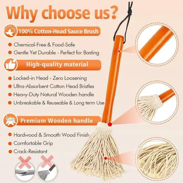 Alt view image 3 of 7 - 12" BBQ Sauce Basting Mops & Brushes for Roasting or Grilling, Apply Barbeque, Marinade or Glazing, Cotton Fiber Head and Hardwood Handle, Dish Mop Style, Perfect for Cooking or Cleaning - Pack of 3