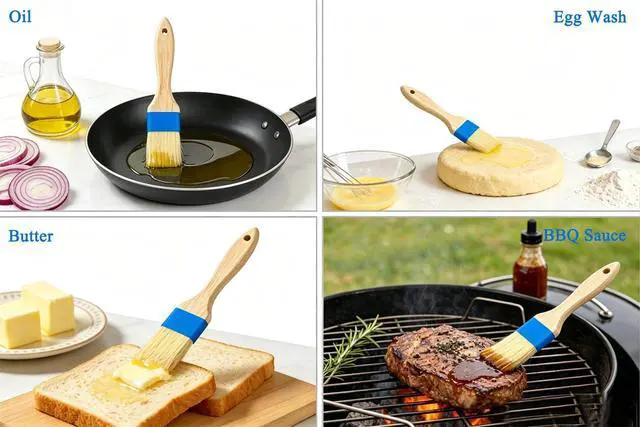 Alt view image 6 of 7 - Pastry Basting Brush - Food Grade, Non-Shedding Natural Bristle, Heat Resistant Wooden Handle, Durable Kitchen Tool for Baking, Cooking, Butter, Egg Wash, Glazing, Oil, Sauce (Set of 2, 1.5", Blue)