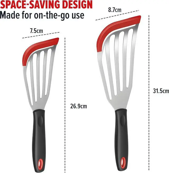 Alt view image 2 of 7 - 2pcs Silicon Fish Spatula | Heat Resistant | Stainless Steel Turner with Black Handle, Silicone Edge, Thin Slotted Metal Flipper for Nonstick Cookware, Fish, Omelets, Egg, Pancake, Steak